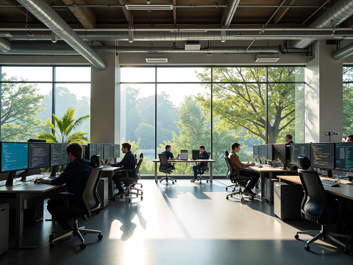 专业软件开发团队工作场景，现代化办公室环境，技术人员正在电脑前专注编程，蓝色背景，明亮自然光